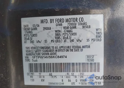 2006 Ford F-150 Fx4/Lariat/Xlt z USA, uszkodzony, nr VIN 1FTPW14V56KC84974